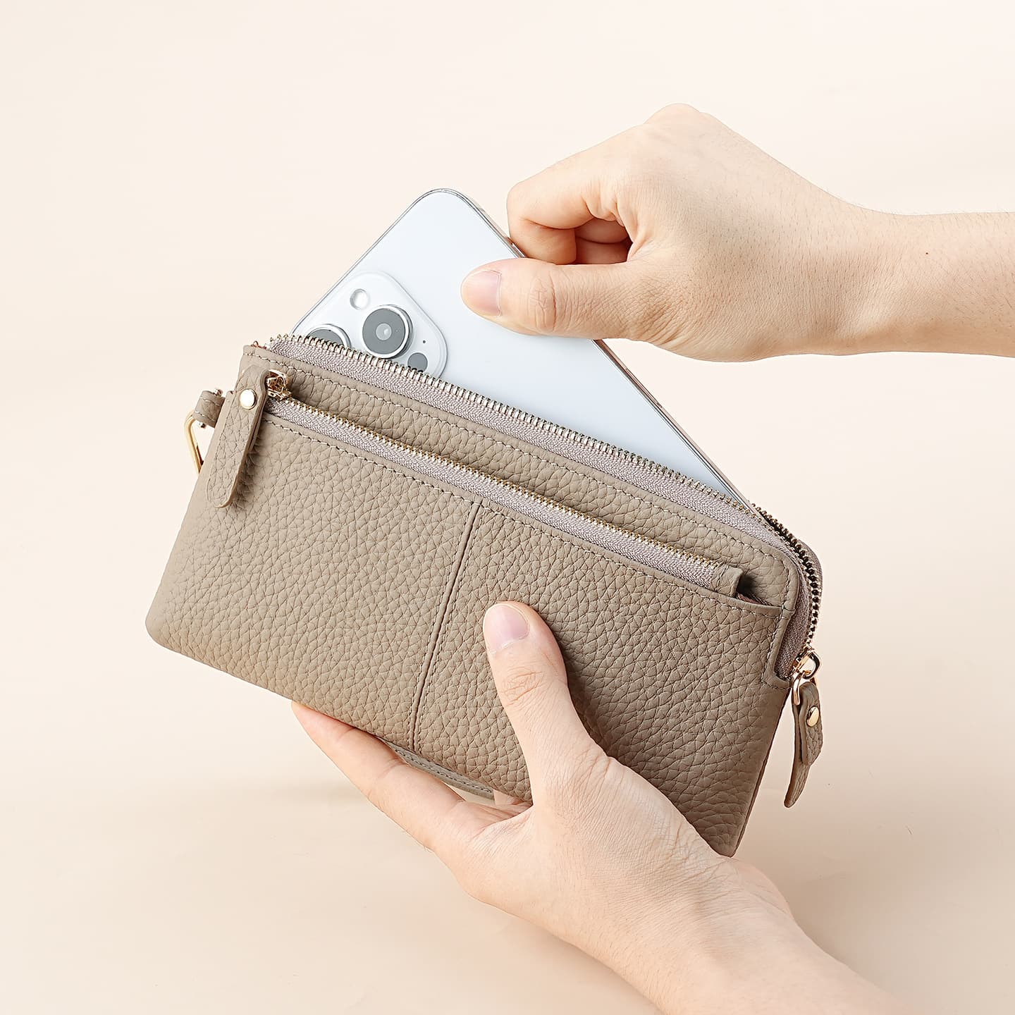 Detachable Wrist Strap Women's Long Wallet Genuine Leather Multifunctional Phone Bag New Three-Layer Zipper Clutch Purse for Women