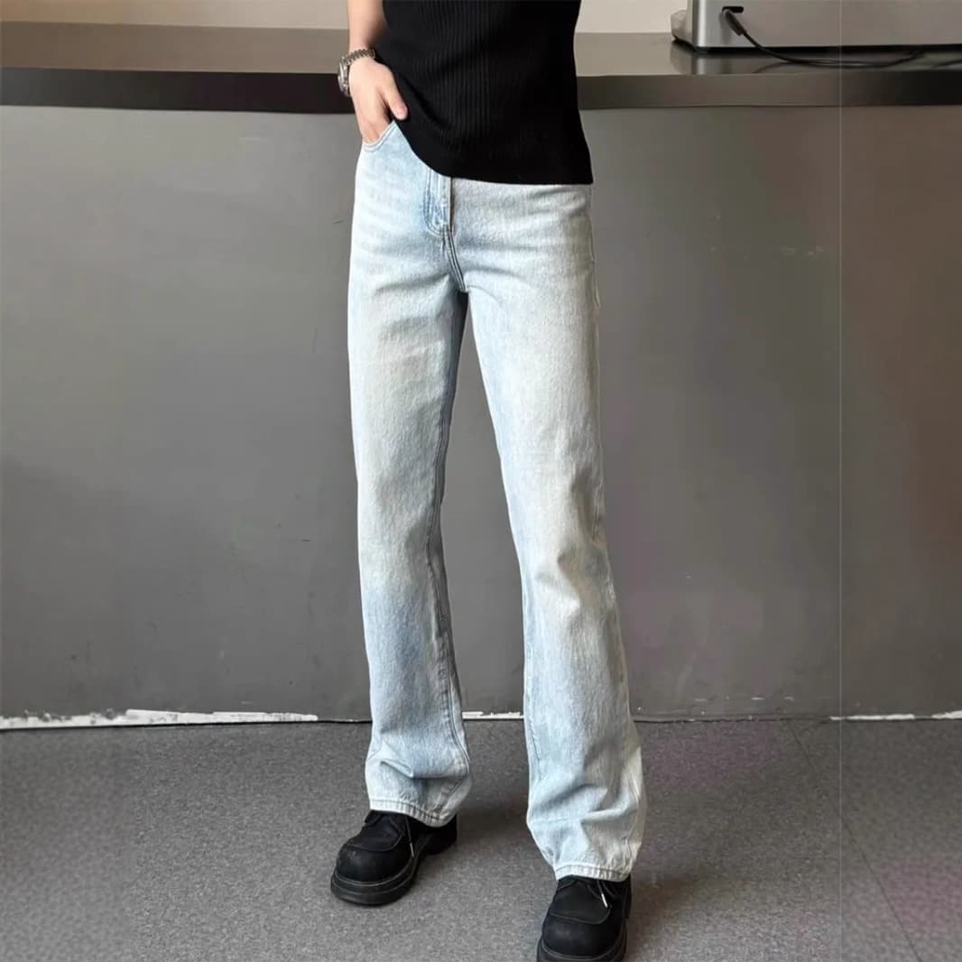 Glacier Blue Flared Jeans for Men Summer Thin Cleanfit Slim Straight Leg Pants American High Street Curved Knife Pants