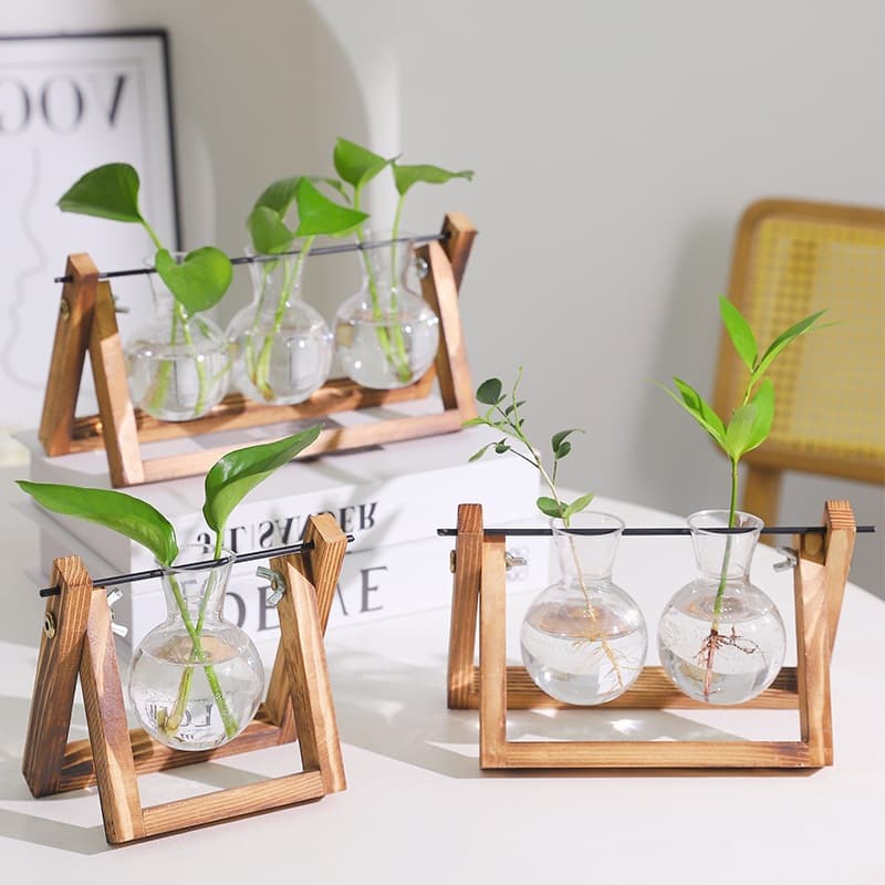 Creative Wooden Stand Transparent Vase Modern Minimalist Hydroponic Pothos Plant Vase Small Container Living Room Decoration Ornament