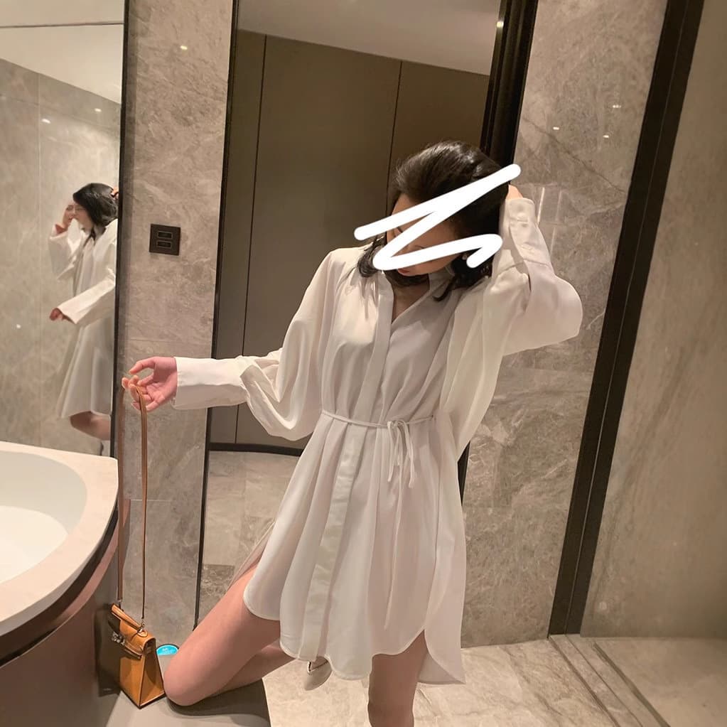 Spring French White Shirt Dress for Women, Waist-Tightening Slim-Fit Midi Shirt Dress, Sexy Style