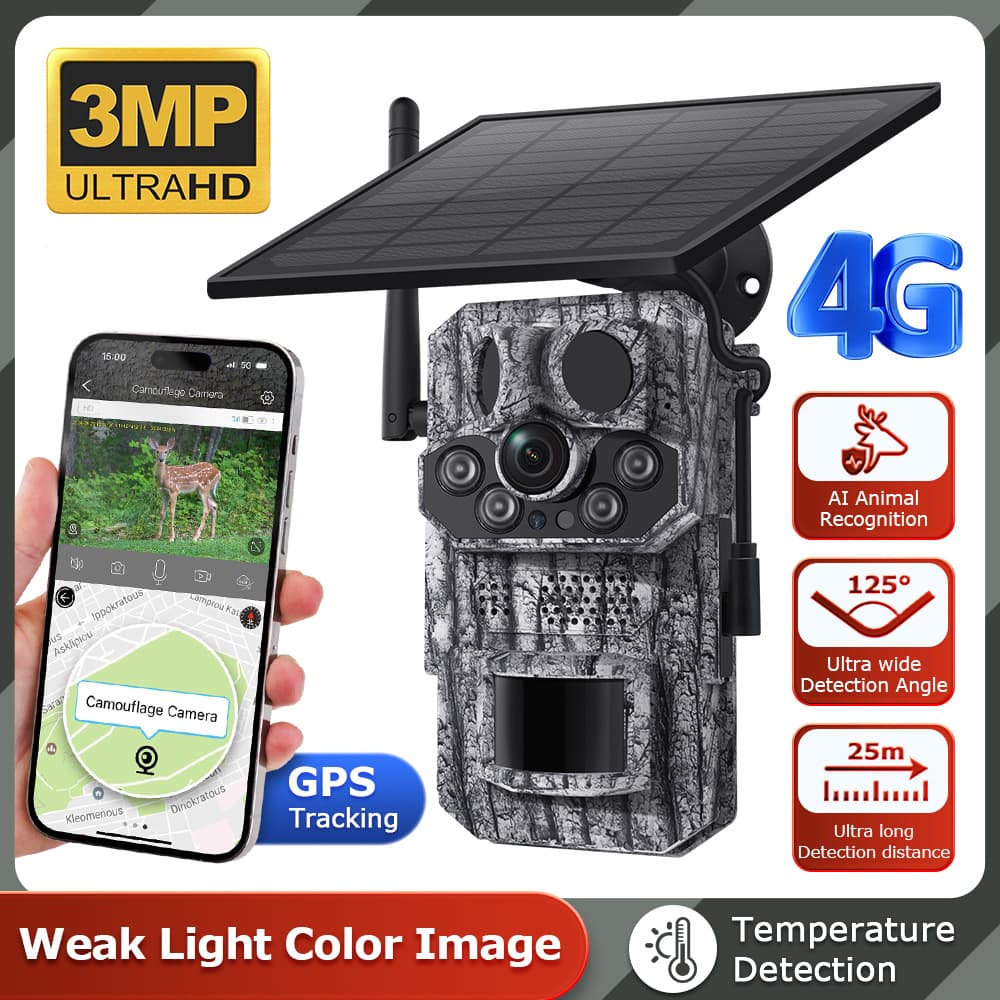 Outdoor Forest Solar 3PIR Wide-Angle GPS Solar 4G Camera Night Vision Infrared Detection Camera