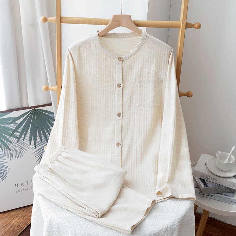 Japanese Couple Linen Cotton Pajamas, Women's Loose Stand-Collar Cardigan Long-Sleeve Loungewear Set, Men's Long-Sleeve Set