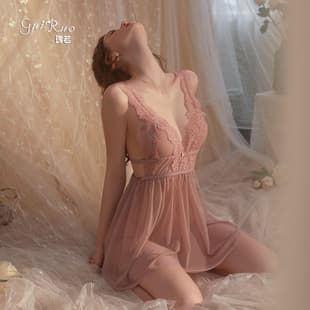 Guiruo Brand Comfortable Sleepwear Solid Mesh See-Through Tempting Backless Plus Size Camisole Dress Loungewear Set 725