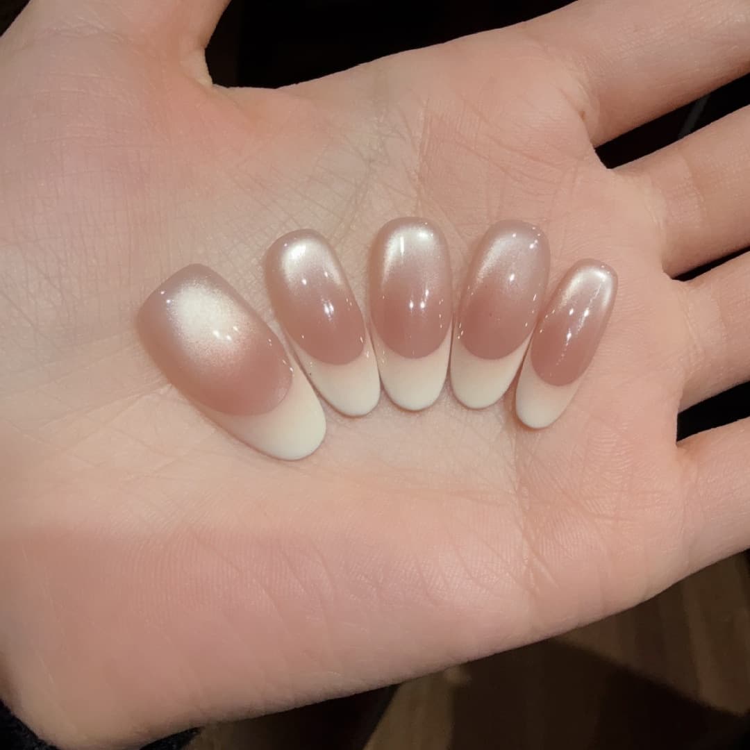 Cocoa Mousse Hand-painted High-position French Cat Eye Blush Nails, Pure Handmade Wearable Nails, Luxury Short Style