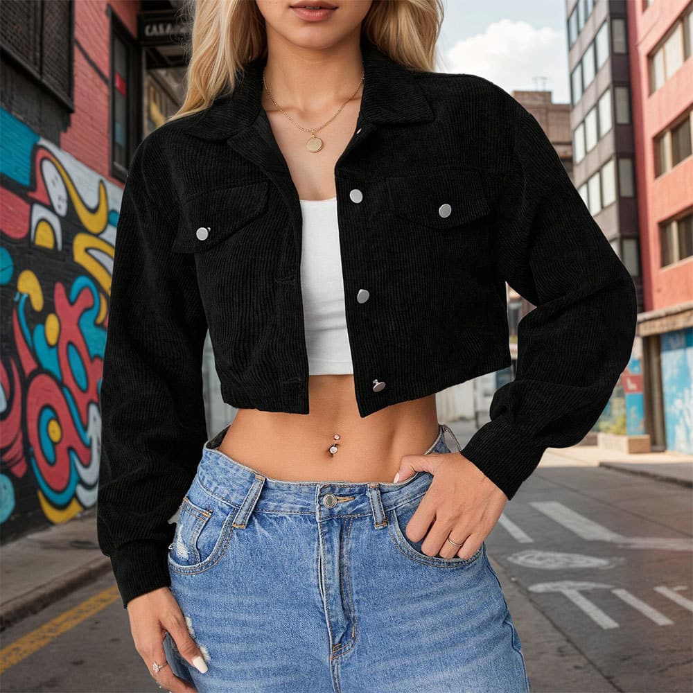 Women's Black Short Corduroy Jacket, Spring and Autumn Thin Lapel Casual Jacket Top, European and American Cross-Border Spring and Summer New Style
