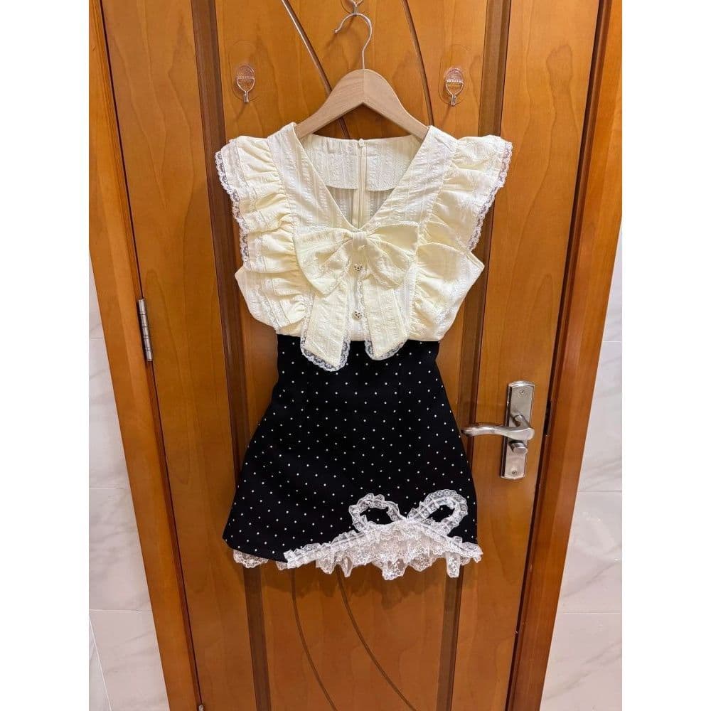 French Chic Style Set Summer New Bow Small Flutter Sleeve Top Polka Dot Lace Half Skirt Two-Piece Set for Women