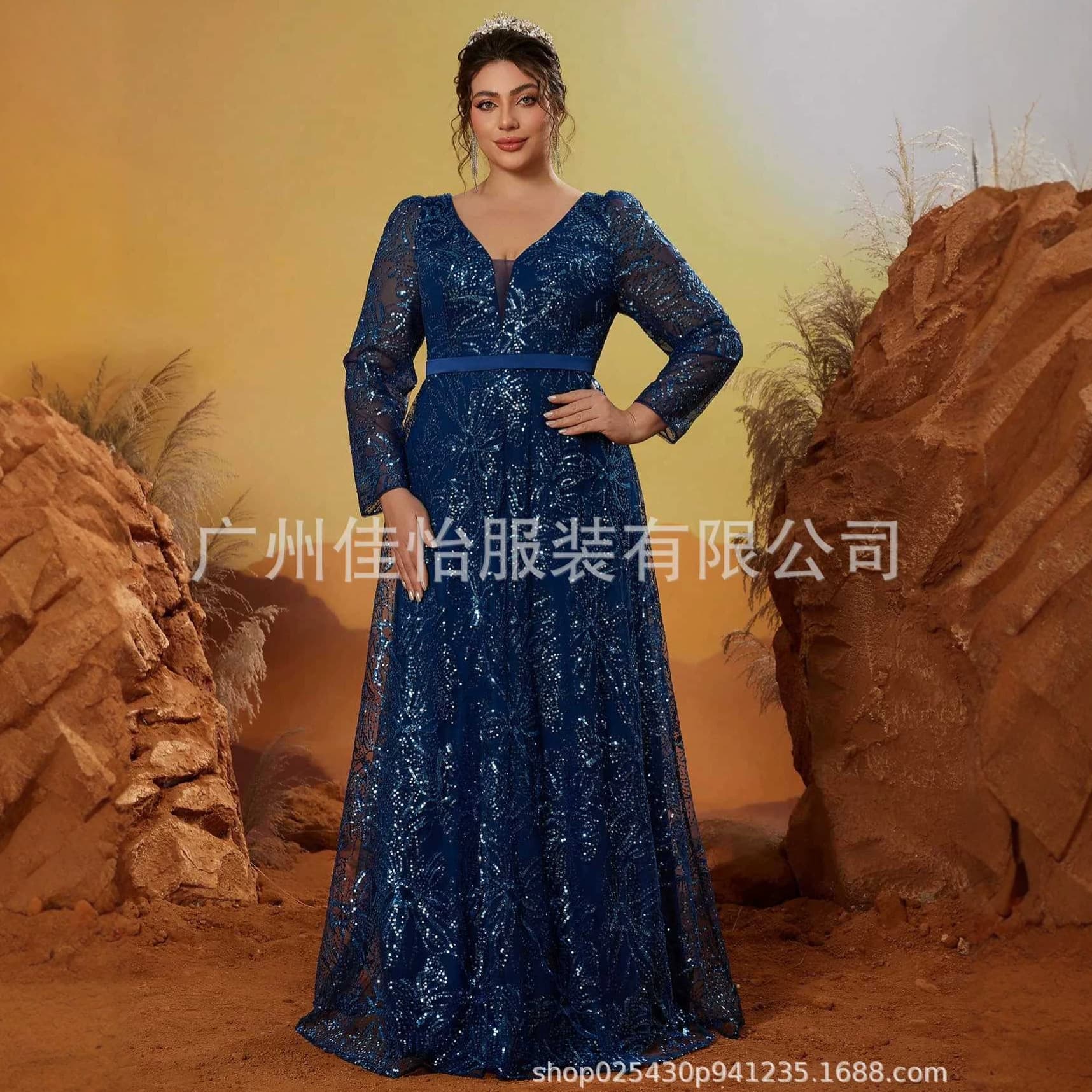 AliExpress Cross-border European and American Plus Size Dress 2026 New V-neck Long Sleeve Women's Evening Gown Party Dress