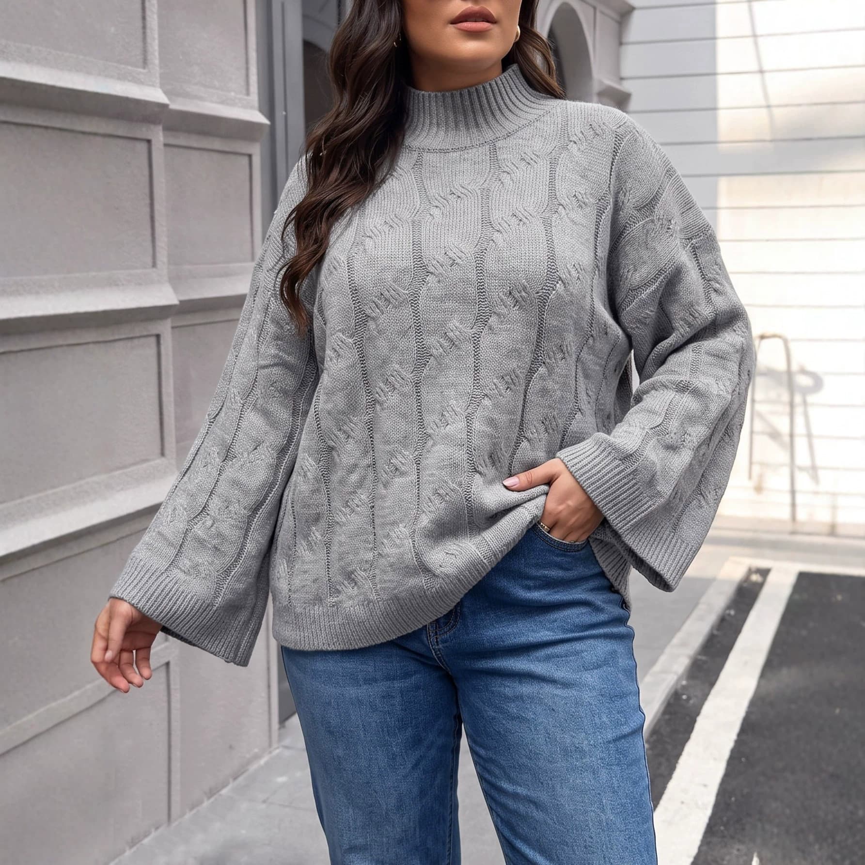 European and American Plus Size Women's Fall/Winter New Loose Pullover Half High Neck Cable Knit Sweater with Flared Sleeves