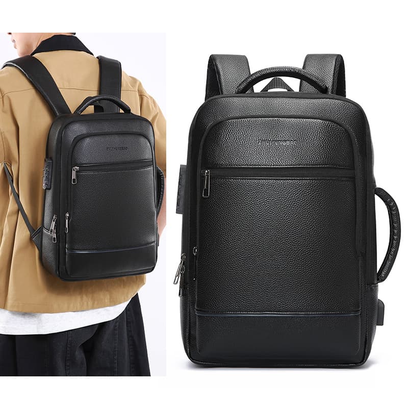 New business pu leather backpack, college student bag, multi-functional travel backpack, anti-theft password lock, commuter computer bag