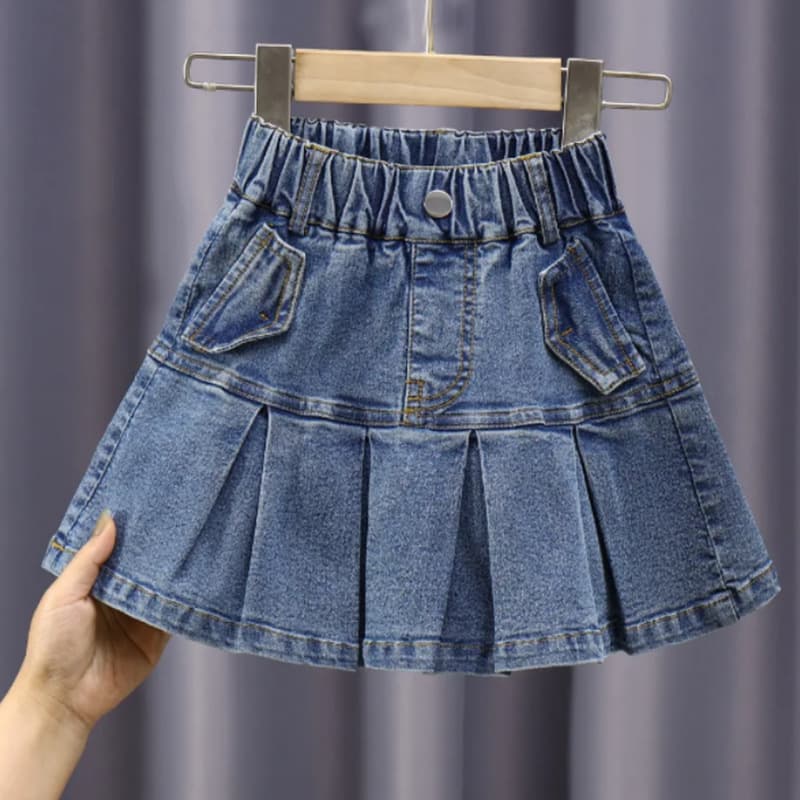 Girls' denim midi skirt, summer, A-line pleated skirt for older children, spring and summer.