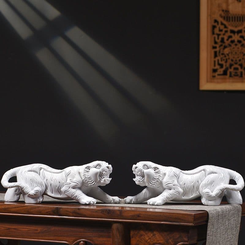 White Tiger Solid Wood Carving Ornament, Zodiac Tiger on Mountain, Pure Wood Craft Home Decoration