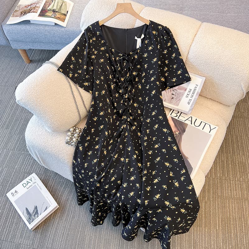 Plus Size Women's New Summer Floral Print Dress for 130-160 lbs, French Tea Dress Hong Kong Style Slimming Chiffon Dress