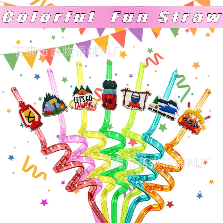 Outdoor camping straw PETG spiral straw cartoon Outdoor camping straw decoration accessories wholesale