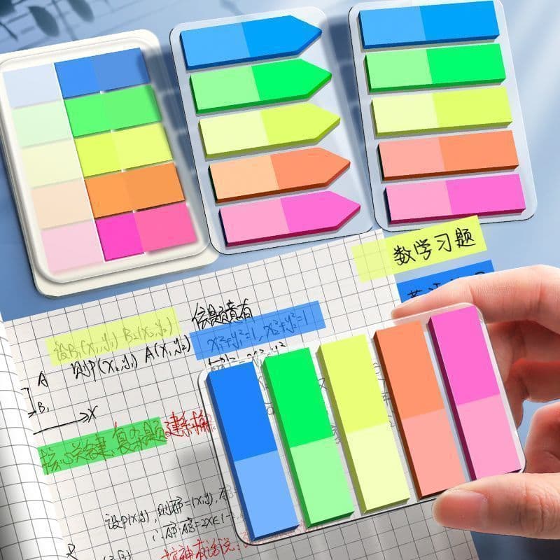 Fluorescent sticky notes, index labels, writeable markers, small plastic bookmarks, transparent instructions for students