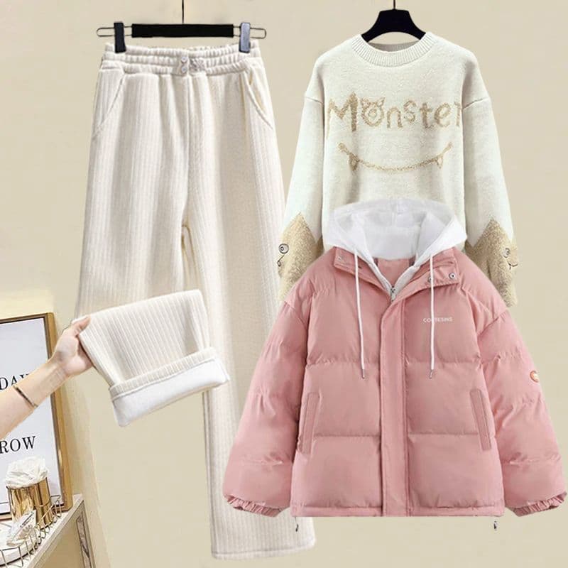 Winter Korean Style Student Hooded Down Cotton Coat for Women Slim Loose Casual Pants Fashion Set Versatile