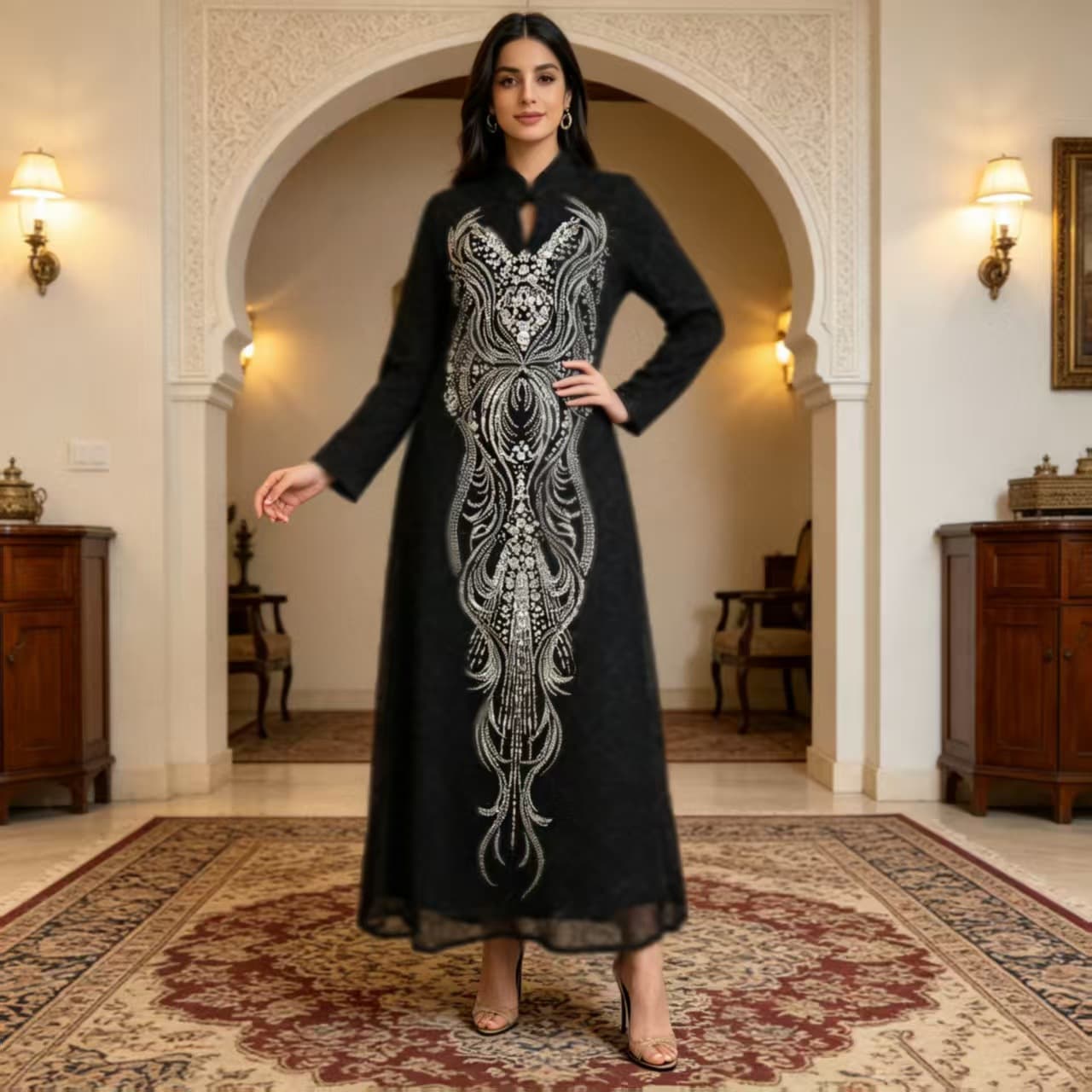 Cross-border Hot Selling New Beaded Dress V-Neck Robe Embroidery Applique Elegant Fashion Style Dress