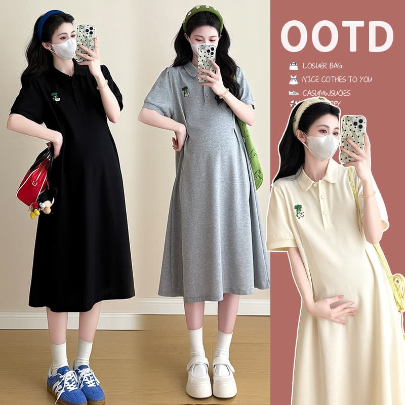 Maternity Dress Luxury Premium Summer Short Sleeve Polo Neck Loose Embroidered Petite Dress Trendy Mom New