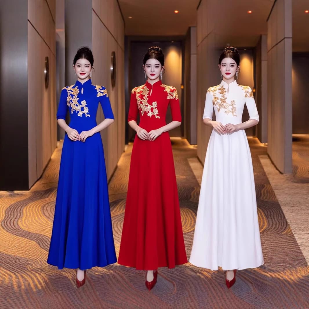 New Chinese Style Qipao Greeting Ceremony Dress Student Award New Chinese Long Dress Choir Group Performance Costume