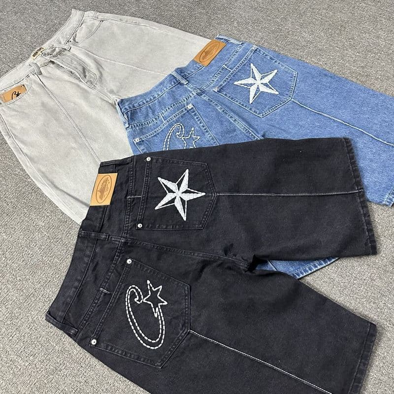 Alcatraz Corteiz Jeans New Style Star Embroidery American High Street Retro Vintage Washed Casual Five-Point Pants Trend