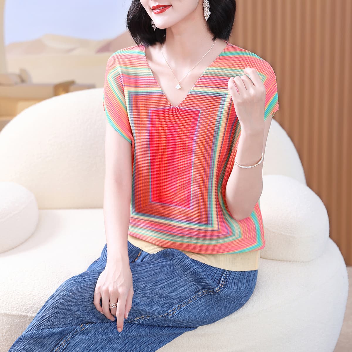 Miyake Top Short Sleeve T-Shirt for Women Summer 2026 New Fashion Pleated Plus Size Clothing