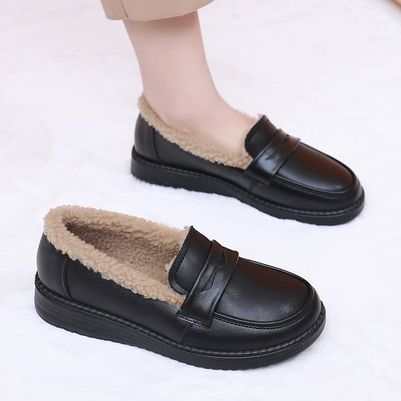 Loafers for Women All-Season Versatile Shoes, Flat Heel Plush Warm Flats, Genuine Leather Mother Shoes Factory Direct Drop Shipping