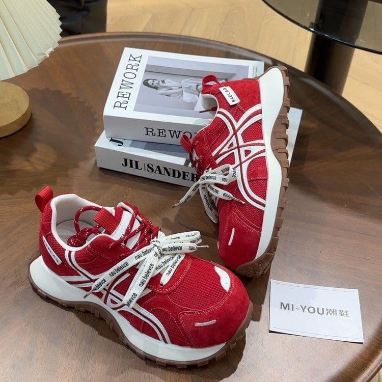 Waist-Tie Genuine Leather Dad Shoes Women 2026 Spring New Red Chunky Heightening Casual Sneakers German Training Shoes