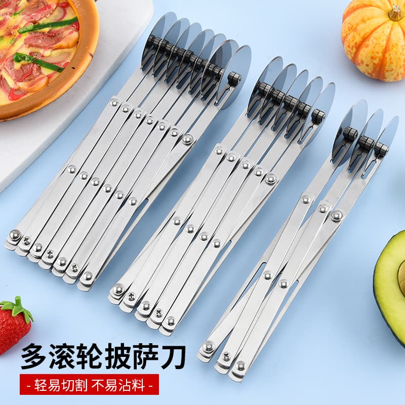 Stainless steel five-wheel and seven-wheel pizza cutter with retractable pizza wheel and fried dough stick cutter.
