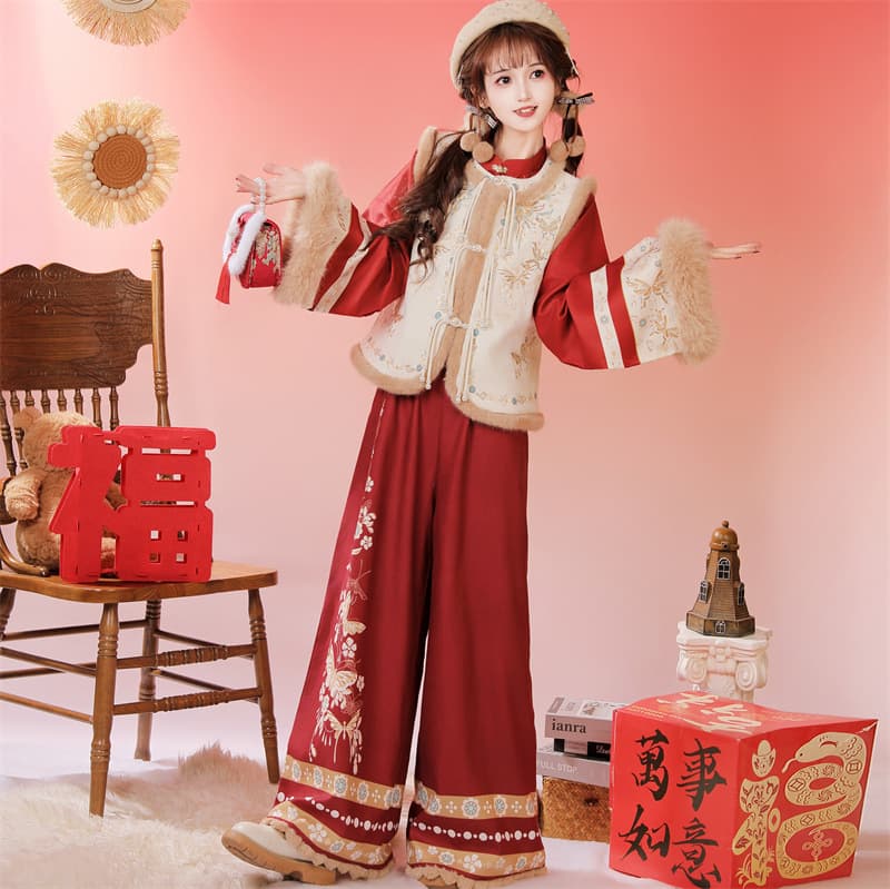 Original New Chinese Hanfu for Women, 2025 New Winter Style Improved Vest Pants with Fleece Lining and Thickening, New Year's Greeting Attire
