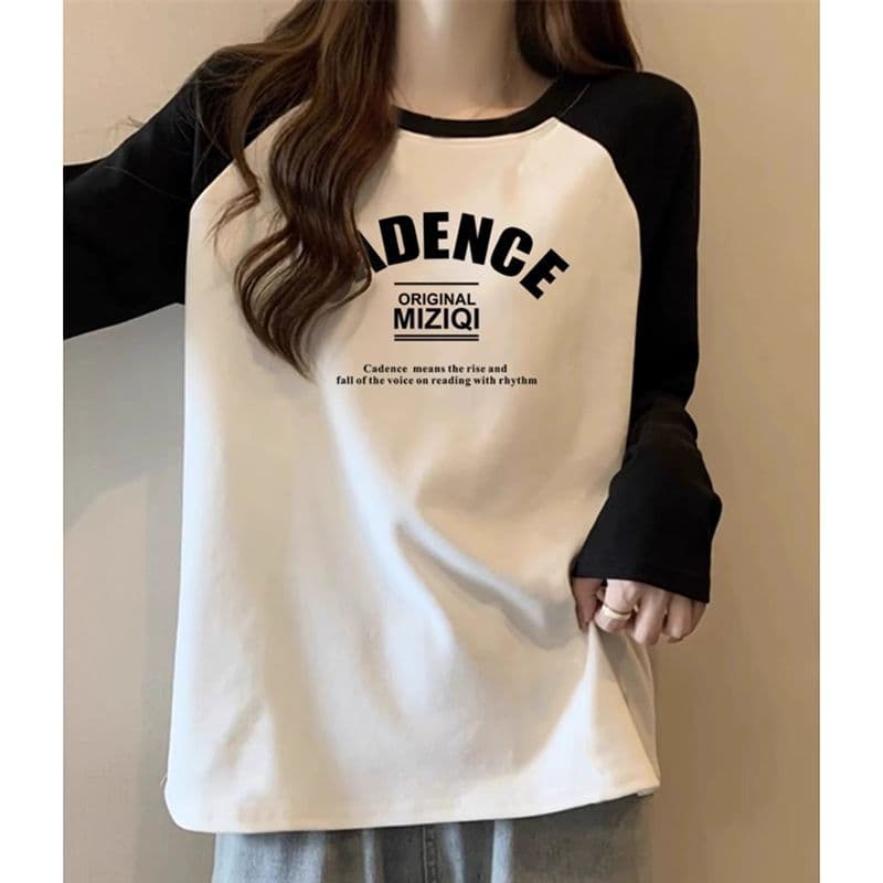 2026 New American Retro Raglan T-shirt Fall and Winter Loose Slim T-shirt Long Sleeve Cotton Top Large Size Women's Clothing