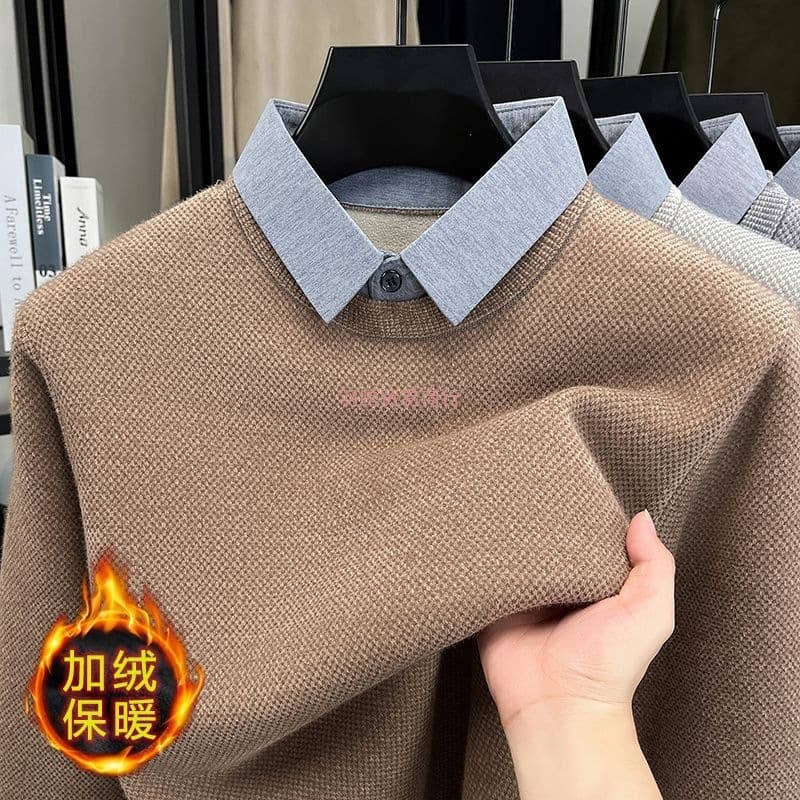 Autumn/Winter New Two-Piece Sweater Men's Fleece-Lined Casual Turn-Down Collar Thickened Business Shirt Base Layer Warm Knitwear