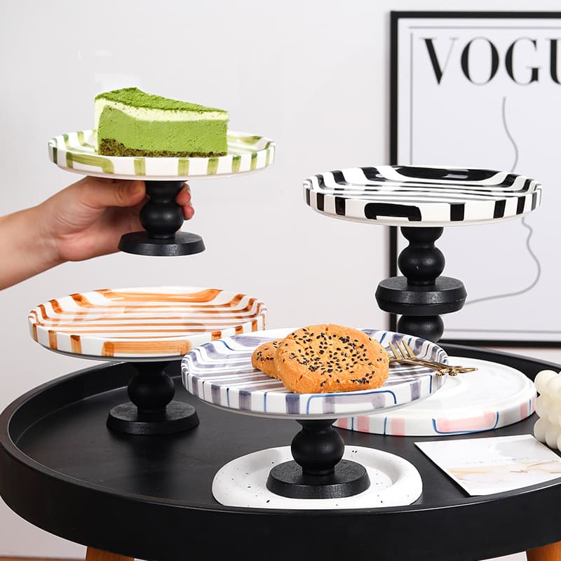 Creative ceramic striped cake plate home afternoon tea snack plate ceramic plate tall ceramic cake plate