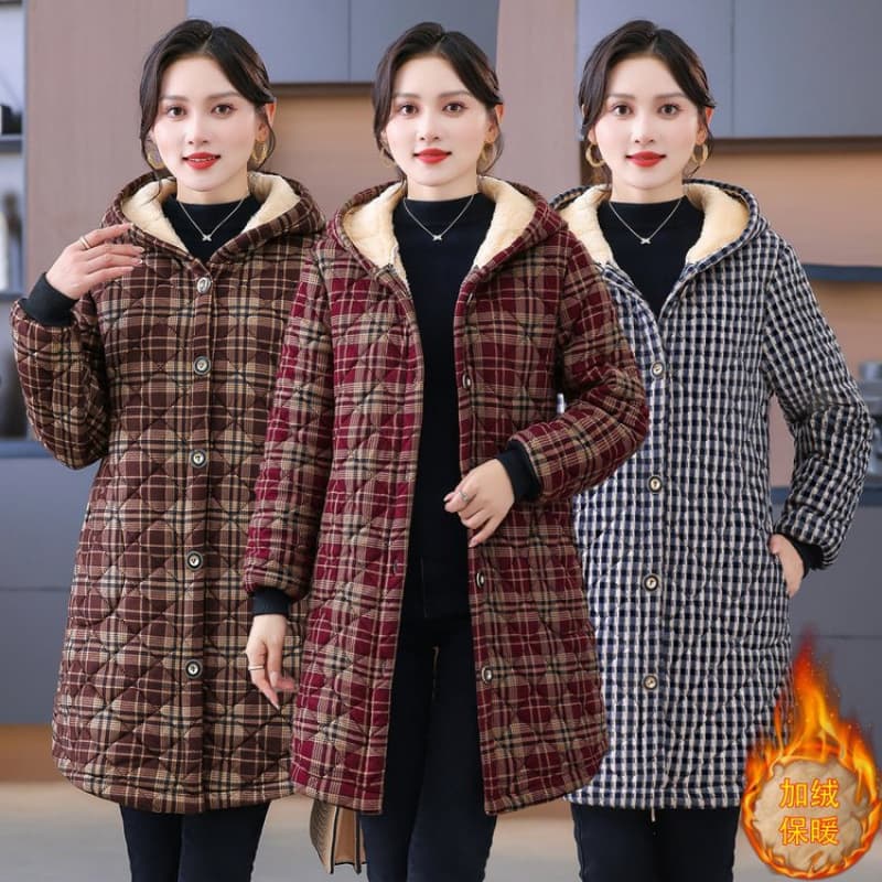 New winter style mother's style plaid cotton coat mid-length velvet thickened coat middle-aged and elderly women's warm cotton coat