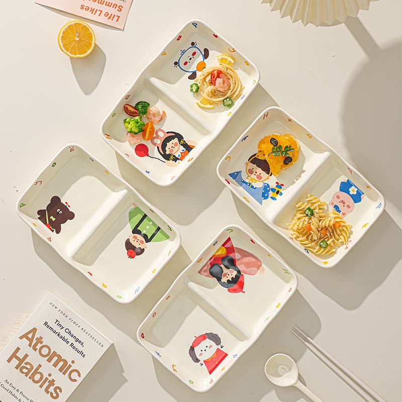 Family of Four Divided Plate Ceramic Dinnerware Set, Gift-Ready, Under-glaze Color, Cute Breakfast Plate