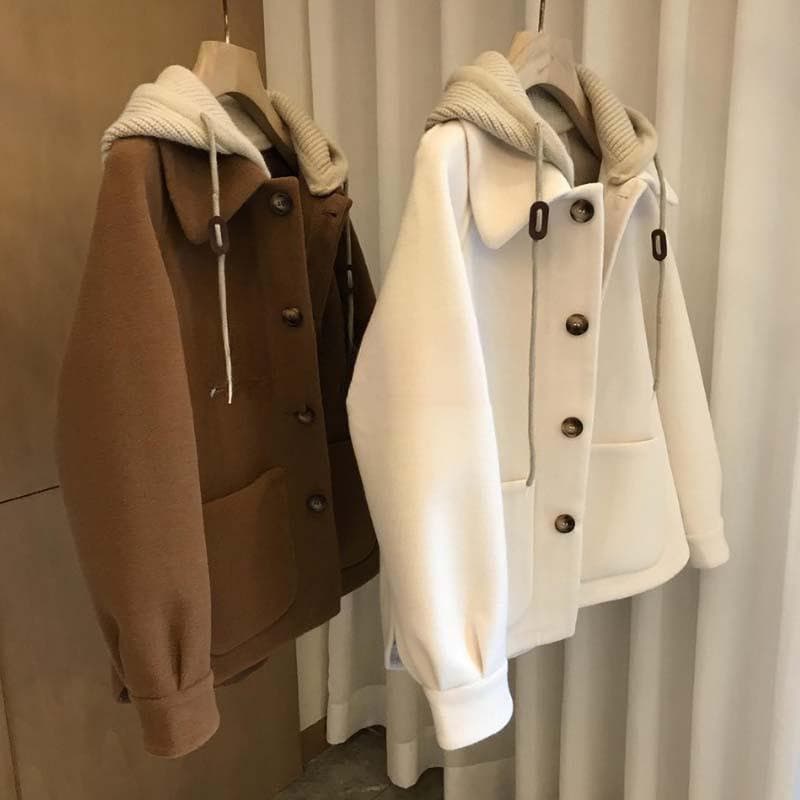 Fat mm 2024 autumn and winter new woolen coat women's large size high-end knitted hooded fake two-piece thickened top
