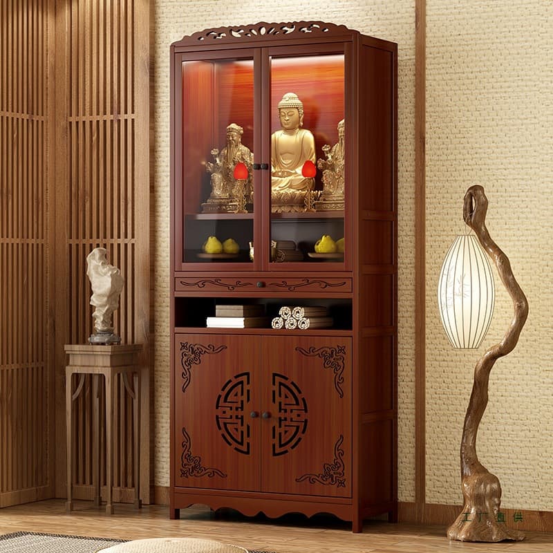 Integrated Buddhist shrine altar with new Chinese style cabinet, Guanyin Bodhisattva incense table, home central hall worship cabinet and storage.