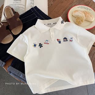 Muye Kids Summer Short Sleeve Cartoon Korean Style Polo Shirt Casual Clothing for Boys and Girls Versatile Cute Turn-Down Collar T-Shirt