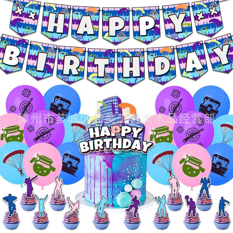 Creative Fortnite Birthday Theme Party Decoration Supplies Banner Cake Flag Balloon Set Cross-Border
