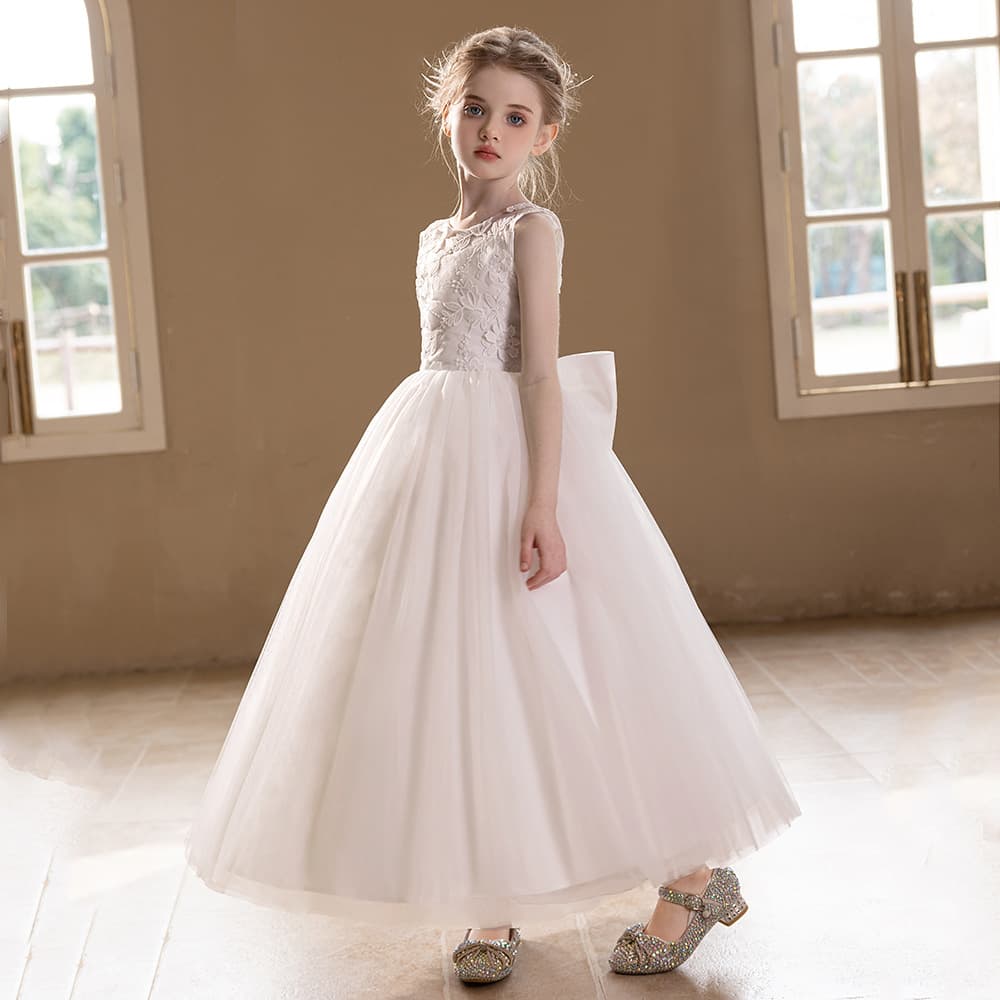 Girls White Wedding Tulle Dress with Lace Embroidery and Large Bow, Puffy Tulle Bridesmaid Dress
