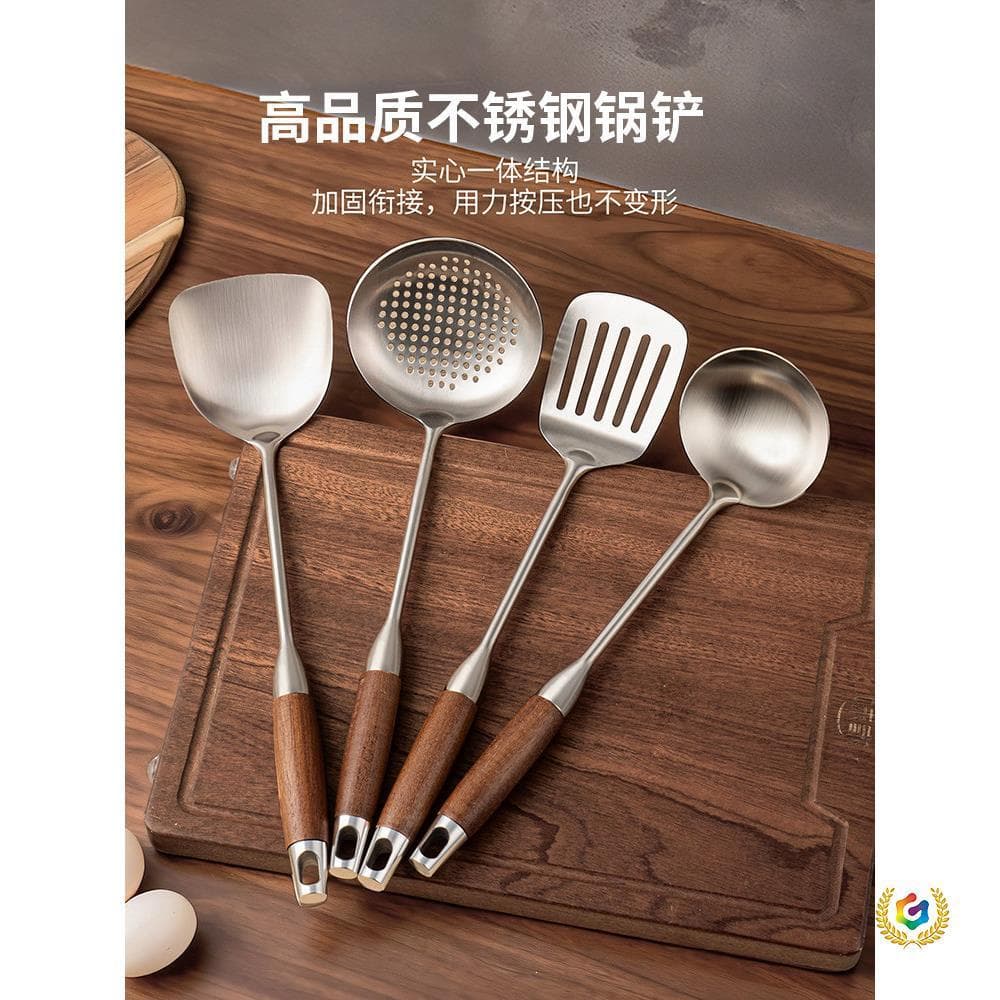 Stainless Steel Thickened Cooking Spatula and Spoon Set for Home Use, Including Frying Spatula, Slotted Spoon, Noodle Spoon, Large Soup Spoon, and Frying Spatula