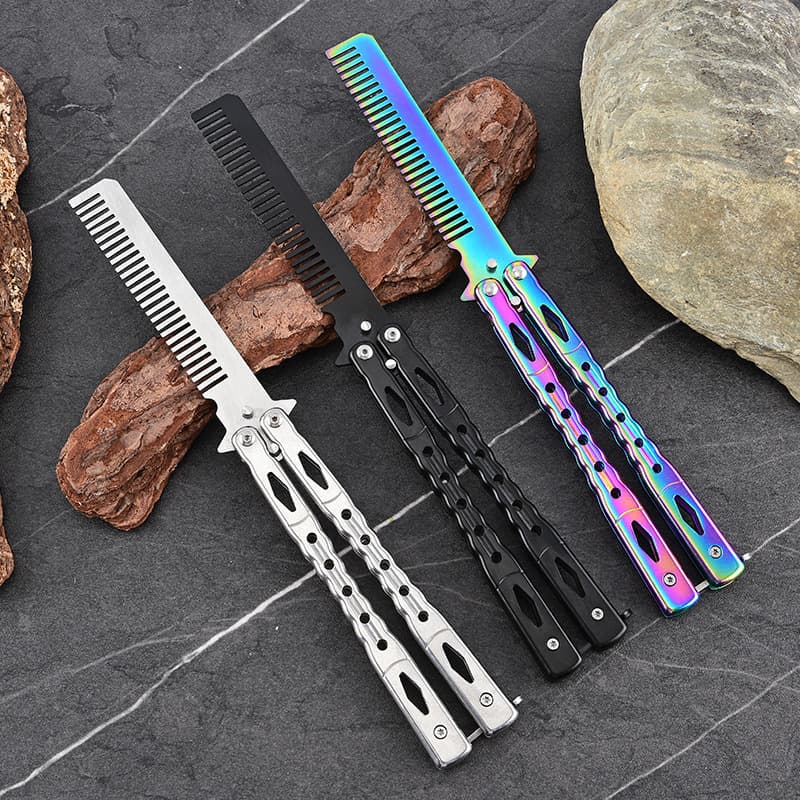 Factory wholesale unsharpened stainless steel folding butterfly comb, CSGO butterfly practice balisong game, pomade comb
