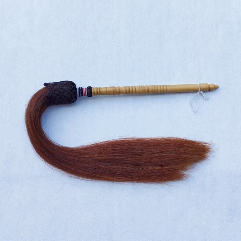 Peach wood handle genuine horsetail whisk, brown/black Tai Chi duster, handcrafted martial arts Buddhist fitness whisk