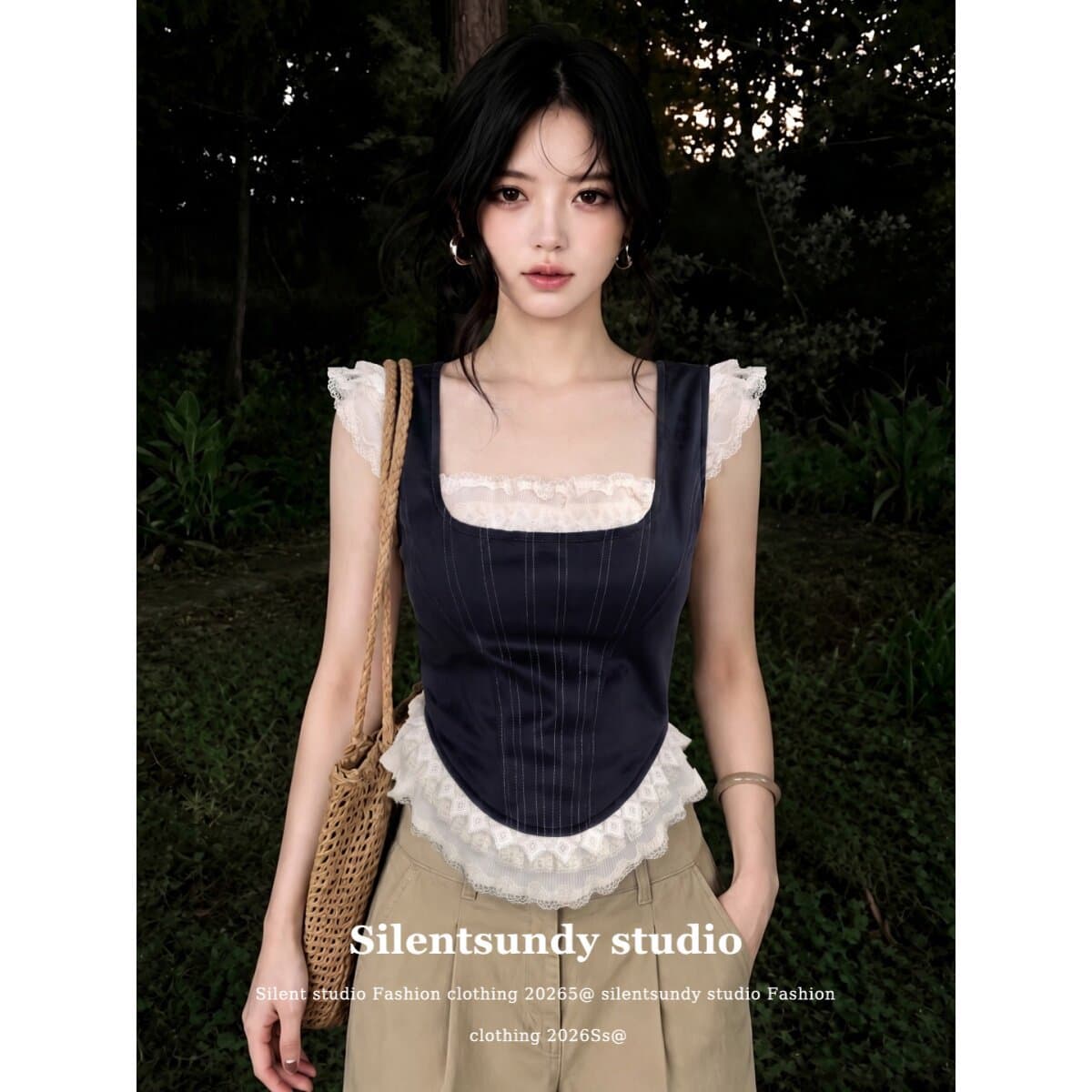 French lace stitching fake two-piece square neck camisole for women's summer wear navy blue sweet girl style slim top