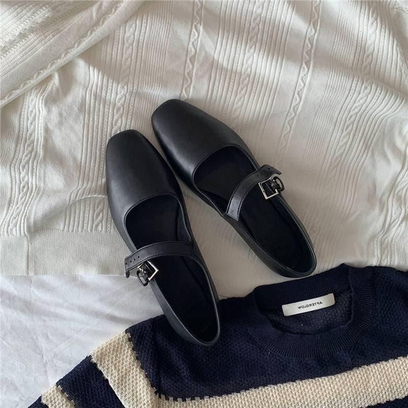 Sheepskin version~ French minimalist square toe genuine leather single strap flat Mary Jane shoes niche design black flats