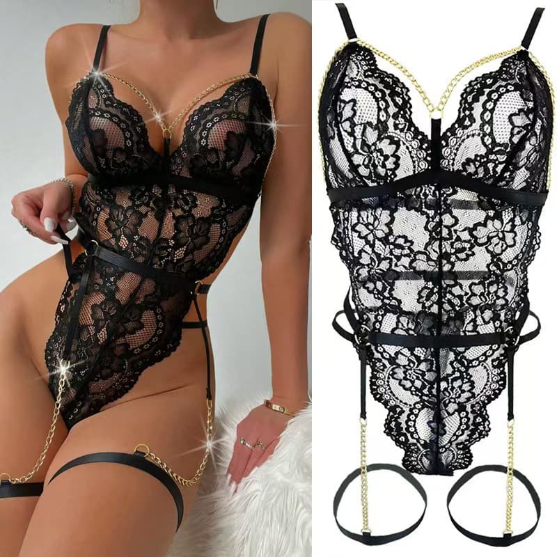 Sexy Lace See-Through Passionate Lingerie Set for Women with Open Back