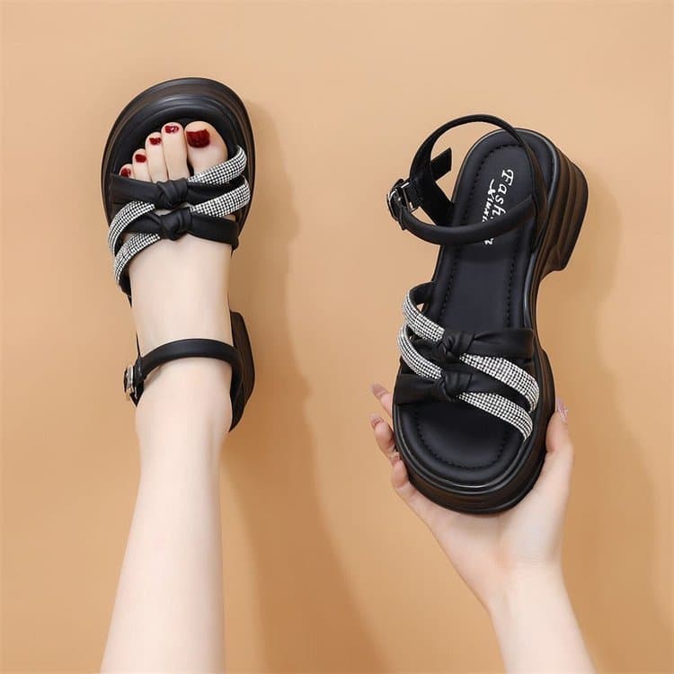 Thick Sole Mid Heel Rhinestone Sandals for Women 2024 Summer New Style Petite Lightweight Fashionable for Dresses Beach Shoes