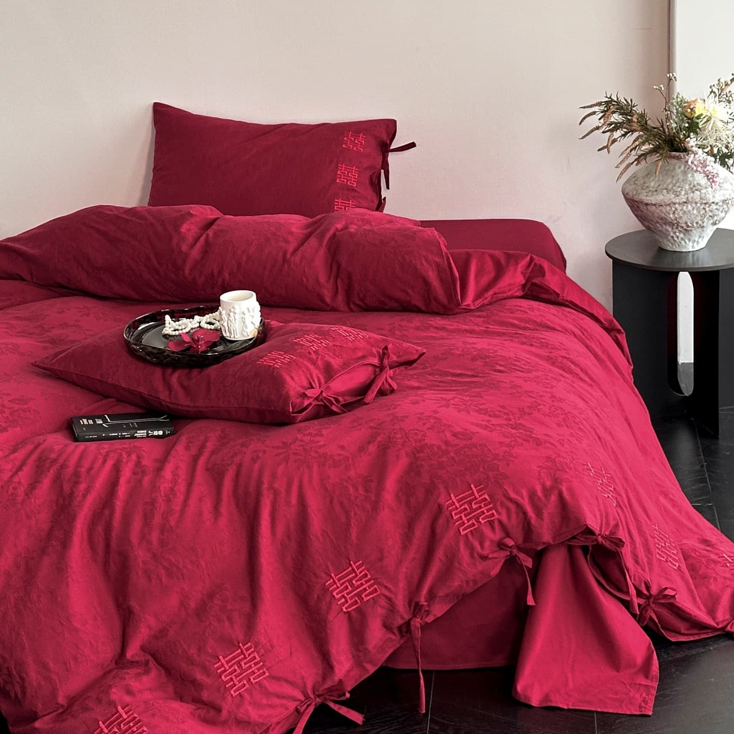 Luxury Pure Cotton Red Wedding Bedding Set, Thick Jacquard Duvet Cover and Fitted Sheet for Bridal Room