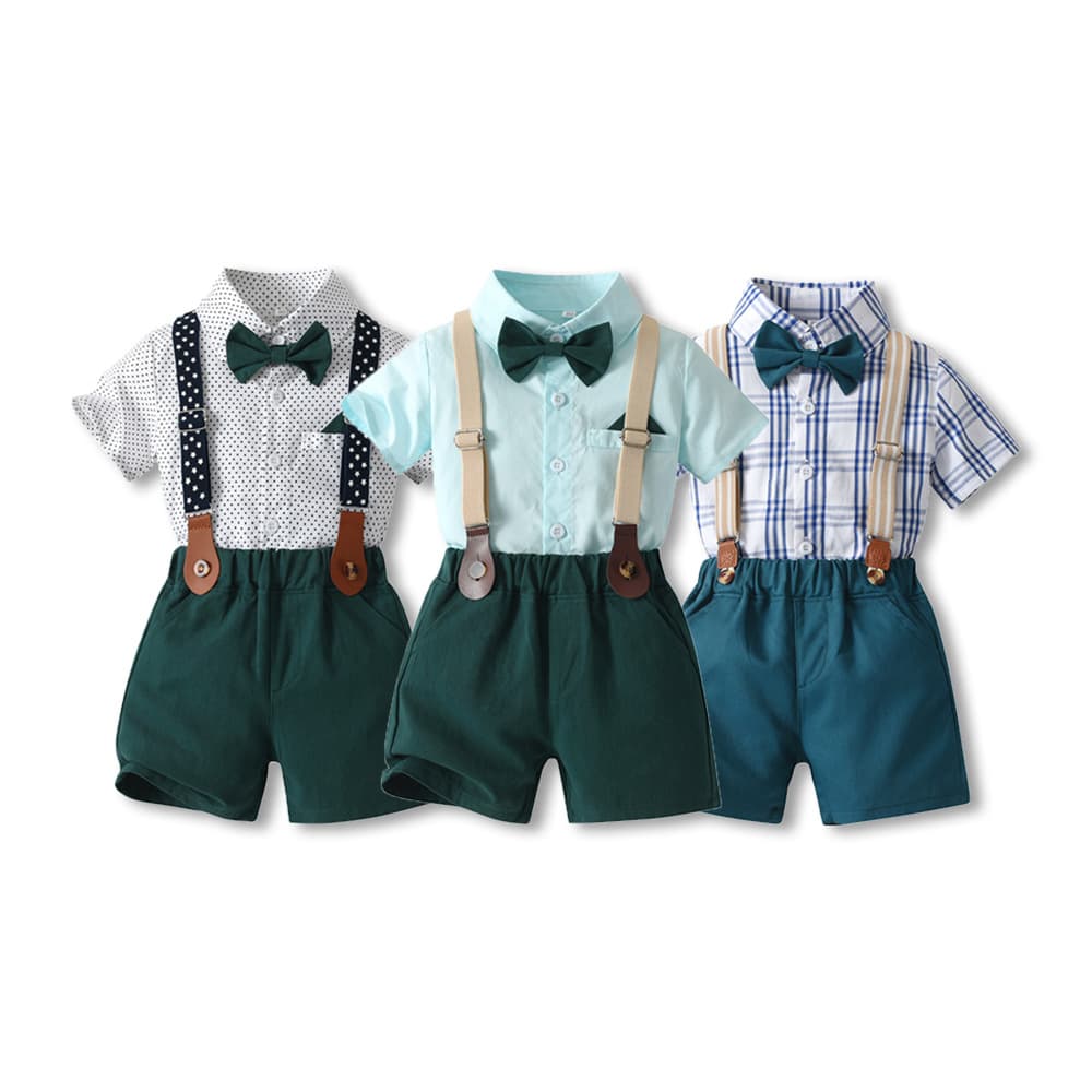 Summer Children's Performance Clothes Korean Style Lapel Short Sleeve Bow Boy's Shirt Suspenders Shorts Gentleman Suit