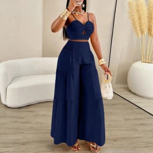 Cross-border Spring Summer 2026 Women's Twist Front Solid Color Sexy Tie Top Casual Loose Pants Set