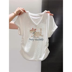 Regular Shoulder Pure Cotton V-Neck Butterfly Sleeve Short-Sleeve T-Shirt for Women 2026 New Style, Waist-Tightening Slim Fit White Top for Summer and Autumn