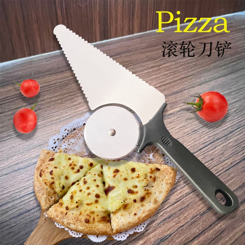 Stainless Steel Pizza Cutter Multi-Function Rolling Pizza Cutter Shovel 2-in-1 Multi-Use Cake Spatula Kitchen Baking Tool